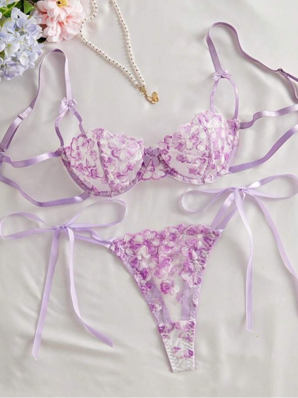 Lavender Floral Embroidered Lingerie Set